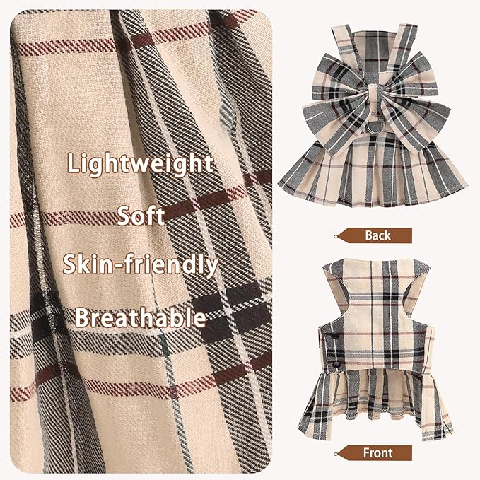 PUPTECK Plaid Dog Dress with Leash - Cute Puppy Harness Clothes for Small Medium Sized Dogs, Outfits for Girl Puppy Wedding Birthday Costume