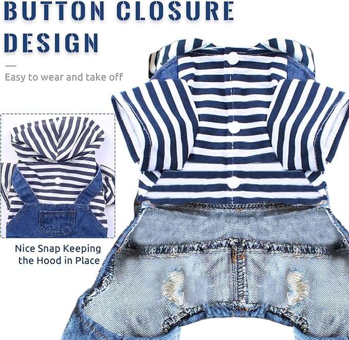 Small Dog Hoodie Clothes Cute Stripe Shirts Denim Jumpsuit One-Piece Outfit for Small Medium Dogs Cats Boy Girl Chihuahua Blue Jeans Overalls Puppy Costume (Blue,XXL)