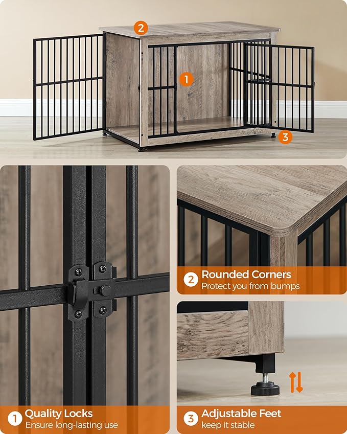 Feandrea 38.6" Dog Crate Furniture, Heavy-Duty Dog Cage Side End Table, XL Pet Wood Kennel for Large and Medium Dogs up to 70 lb with Enclosed Base, Double-Door Pet House, Greige