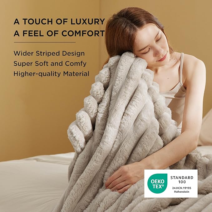 Bedsure Throw Blanket for Couch - 350GSM Super GentleSoft Fuzzy Fluffy Cozy Fleece Blankets for Women, Cute Small Plush Throws for Girls, Linen, 50x60 Inches, Wider Striped Design