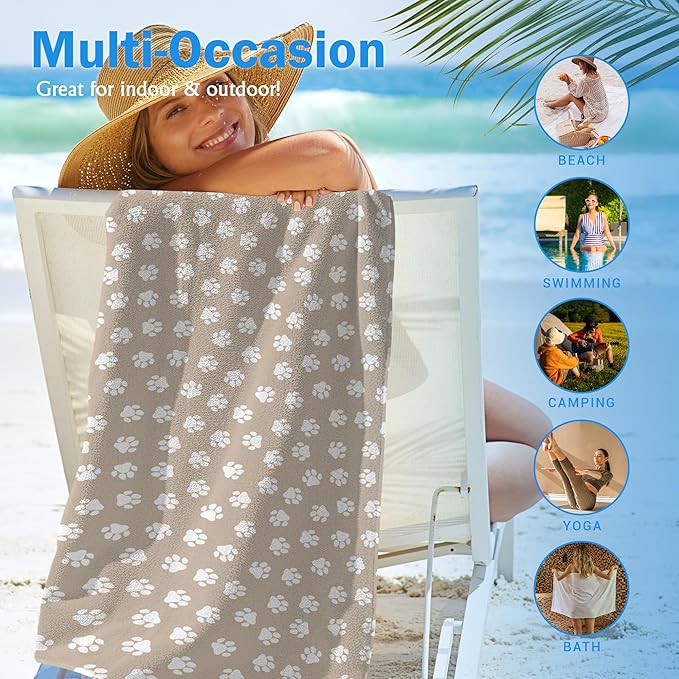 Brown Paws Dog Pet Beach Towel Gifts for Women Dog Lovers Owner, Funny Cute Quick Dry Travel Sand Free Beach Towels Oversized Decor for Bathroom Swimming Pool 30x60in
