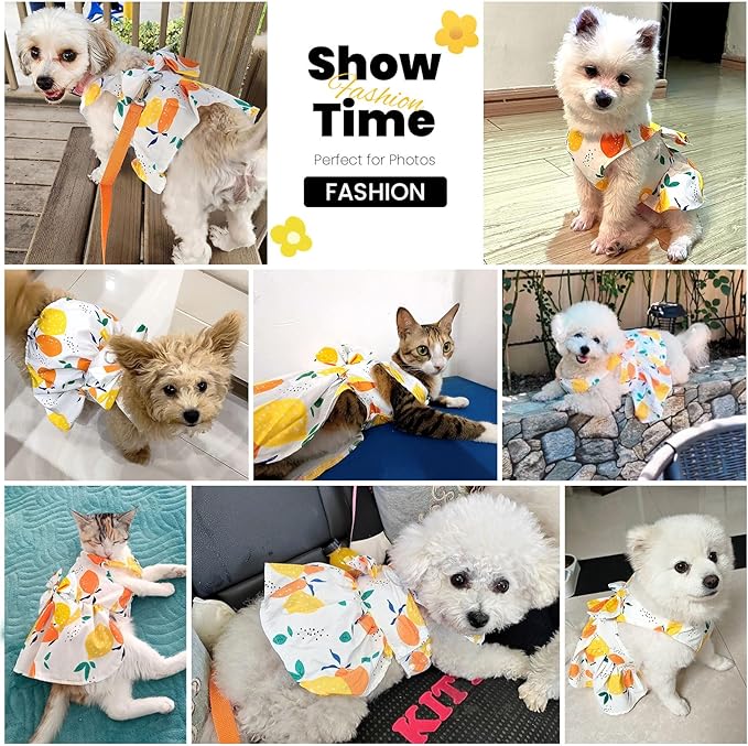 Cute Dog Dress Small Dog Clothes for Girls Female Puppy Outfits Yellow Lemon Pet Summer Clothes Bowknot Doggy Cat Princess Dress Harness for Holiday Birthday Party Costume Clothing (Yellow,XS)
