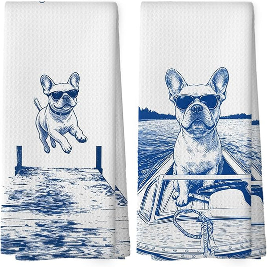 Lake House Decor French Bulldog Kitchen Towels Set of 2, Summer Funny Lake Dog Coastal Bathroom Hand Towel, Dog Lover Gifts Tea Towel Dish Towels 16x24 Inch