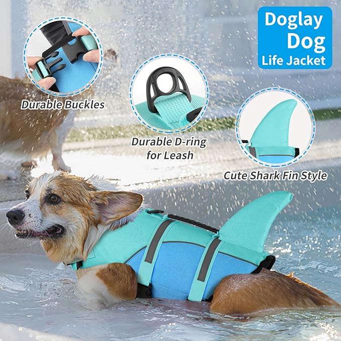 Doglay Shark Dog Life Jacket with Adjustable Vests for Swimming Boating, Ripstop Pet Flotation Vest for Small Medium Large Dogs