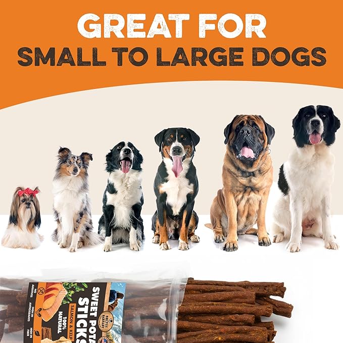 Sweet Potato Dog Treats - Grain Free, Salmon & Kelp Crunchy Sticks - Great Tasting, Promotes Positive Dog Gut Health with Natural Anti-Diarrhea Properties, No Preservatives Added (14oz)