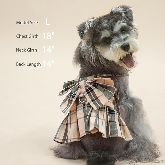 PUPTECK Plaid Dog Dress with Leash - Cute Puppy Harness Clothes for Small Medium Sized Dogs, Outfits for Girl Puppy Wedding Birthday Costume