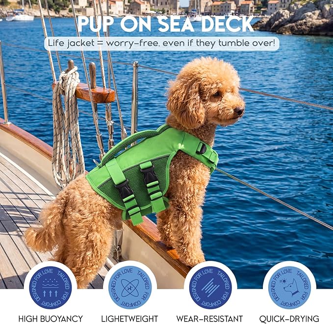 ASENKU Dog Life Jacket, High-Buoyancy Reflective Dog Swimming Vest with Durable Handles for Small/Medium/Large Dogs - Pool, Beach, Boating (Green, 2XL)