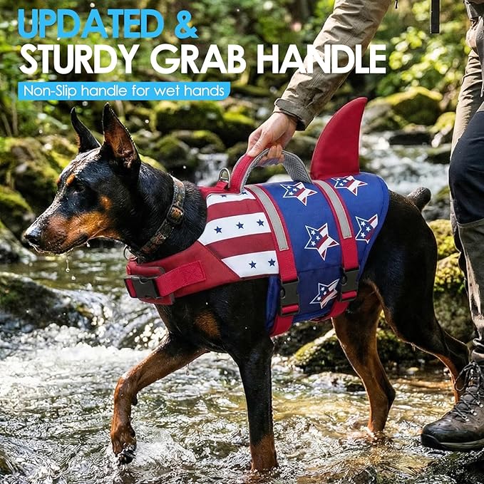 AOFITEE Dog Life Jacket, Shark Dog Life Vest for Swimming Boating, High Flotation Pet Lifesaver with Rescue Handle, Reflective French Bulldog Lifejacket, Swim Vest for Small Medium Large Dogs, M