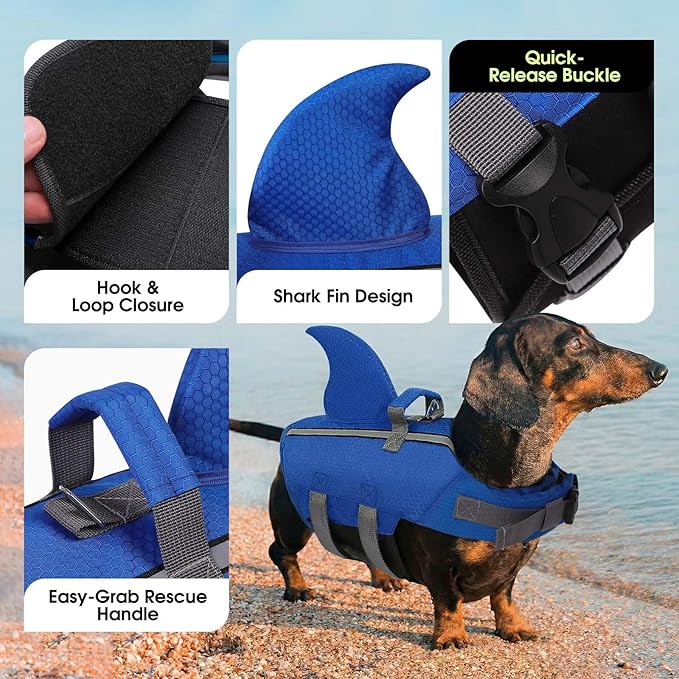 SUNFURA Dog Life Jacket Shark Life Vest for Dogs, Adjustable Swmming Vest with High Buoyancy, Safety Lifesaver with Rescue Handle for French Bulldog Small Medium Breeds, Dark Blue XS