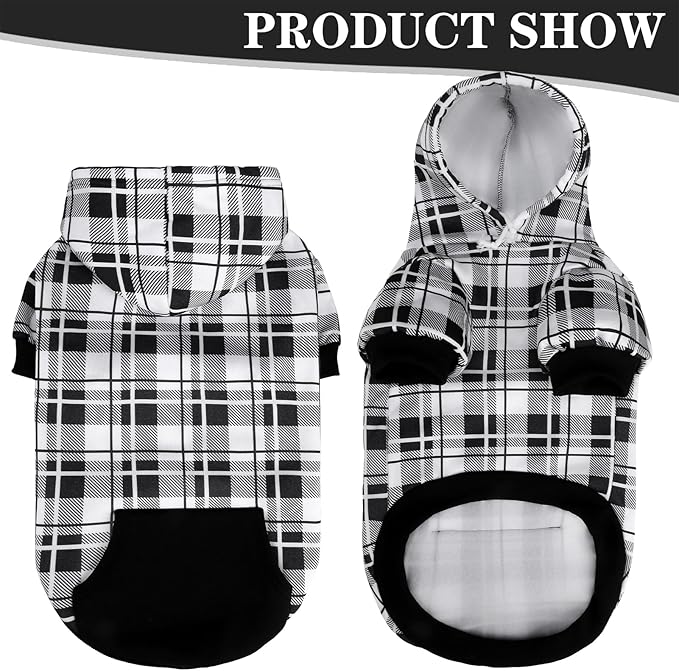 EXPAWLORER Plaid Dog Hoodie - British Style Warm Dog Sweater Shirt with Leash Hole,Pitbull Clothes Outfits,Winter Coat Apparel for All Breeds Puppy Girl Boy-Cat Apparel,Black & White X-Small