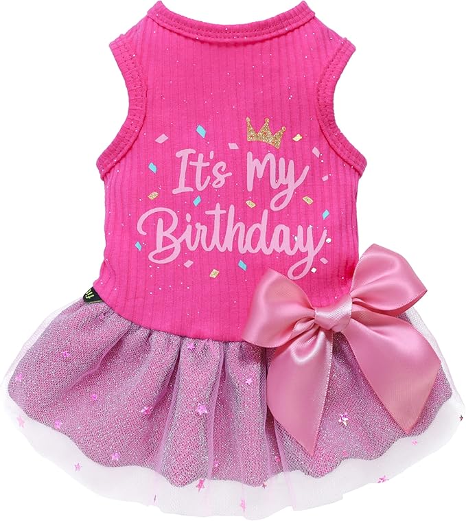 Fitwarm It's My Birthday Dog Dress - Pink, Small Dog Girl's Funny Birthday Dress with Bowknot