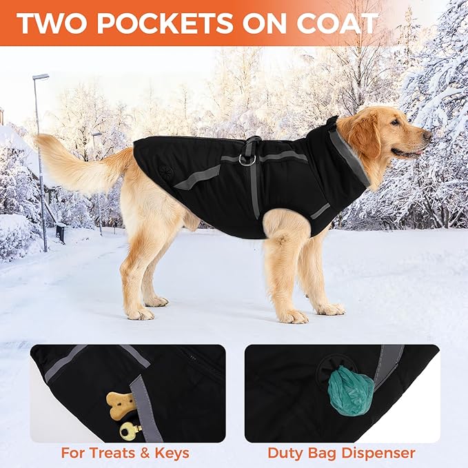 Mihachi Dog Snow Jacket Waterproof Dog Coat with Harness Built in,Thick Fleece Lined & Pockets,Turtleneck Warm Winter Jacket for Large Dogs Reflective Fleece Vest with Zipper,Snowsuit Outfit,Black L