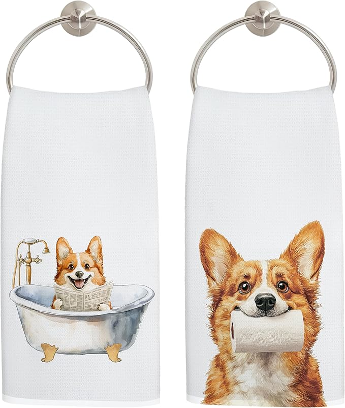 Funny Corgi Dog Bathroom Hand Towels, Corgi Lover Gifts for Women Men, Funny Bathtub Dog Hand Towels for Bathroom Toilet Washroom Restroom Decor, 16x24 Inch Set of 2