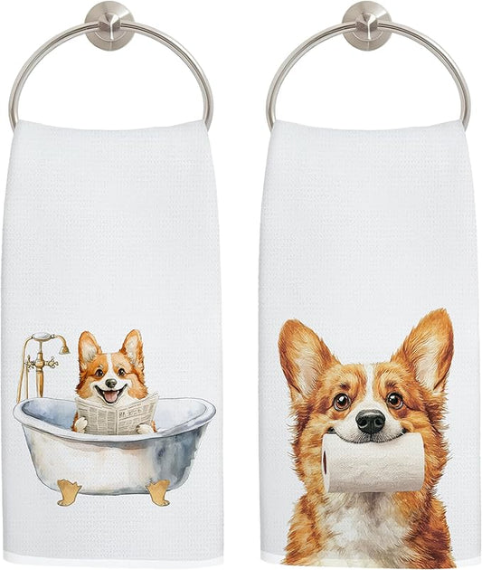 Funny Corgi Dog Bathroom Hand Towels, Corgi Lover Gifts for Women Men, Funny Bathtub Dog Hand Towels for Bathroom Toilet Washroom Restroom Decor, 16x24 Inch Set of 2