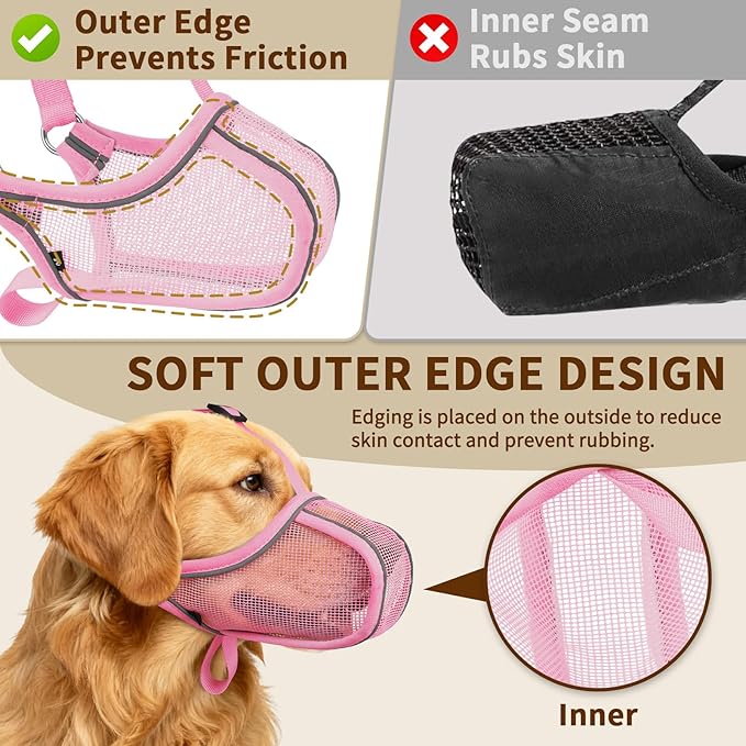 Mayerzon Dog Muzzle to Prevent Biting Scavenging Chewing, Soft Mesh Puppy Muzzles for Small Medium Sized Dogs, Breathable Reflective Adjustable Mouth Guard for Grooming Walking Training (S, Pink)