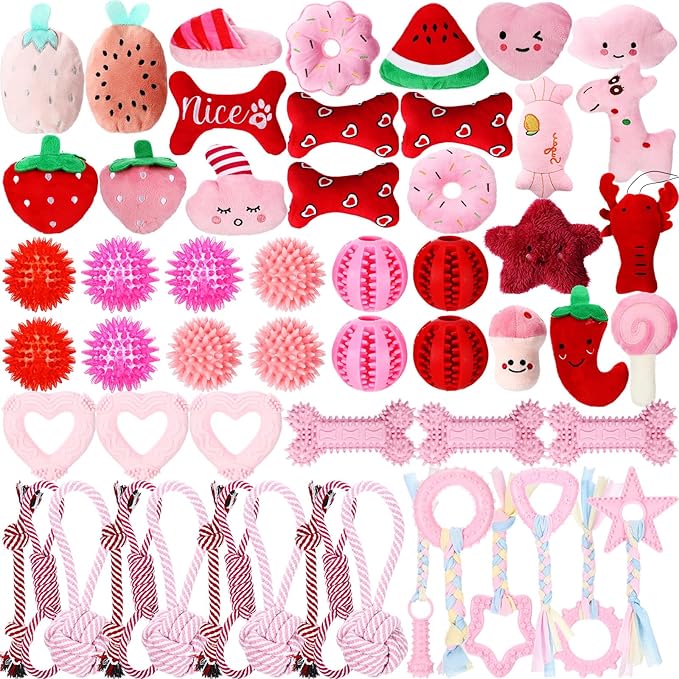Syhood 60 Pcs Squeaky Dog Toys Bulk Stuffed Plush Chew Toys Puppy Teething Rope Cute Spiky Chew Ball for Small Dog Pet Teething Gift(Pink Style)
