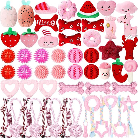Syhood 60 Pcs Squeaky Dog Toys Bulk Stuffed Plush Chew Toys Puppy Teething Rope Cute Spiky Chew Ball for Small Dog Pet Teething Gift(Pink Style)