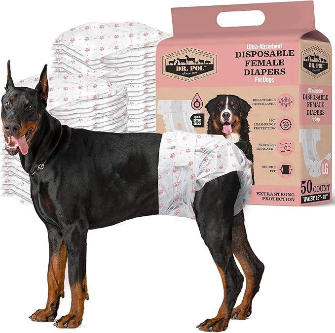 Dr Pol Dog Diapers for Female Dogs | Disposable Pet Diapers with Wetness Indicators | Adjustable Fit | Leak Protection & Super Absorbent | Perfect for Heat Cycles & Training Accidents | Pack of 50