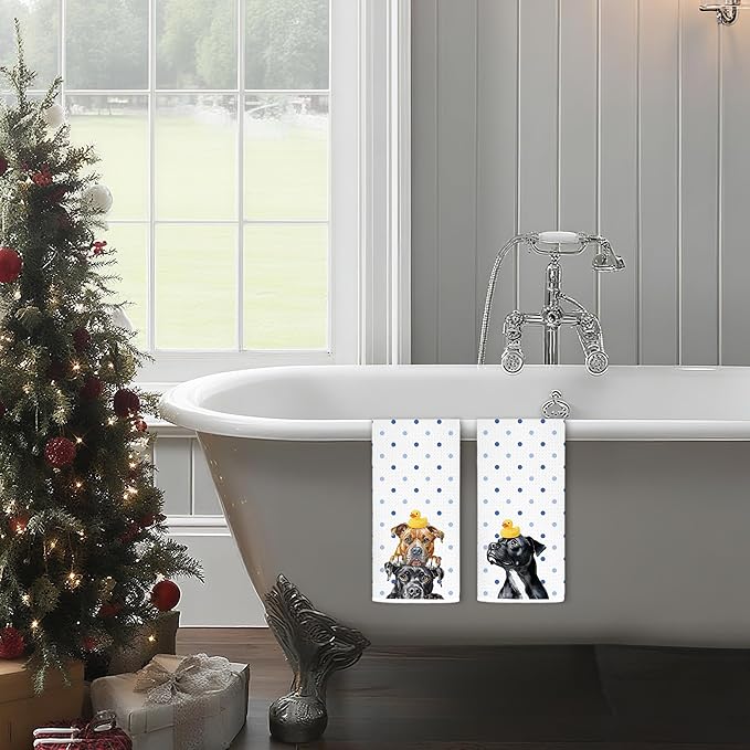 Funny Pitbull Bathroom Hand Towels, Kids Bathroom Decor, Pitbull Lover Gifts, Rubber Duck Pit Bull Decorative Hand Towels for Washroom Restroom Toilet, 16x24 Inch Set of 2