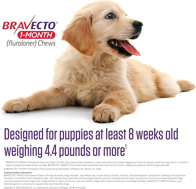 BRAVECTO 1-Month Flea & Tick Chew for Puppies, 1 Chew, 1 Month Supply, 4.4-9.9 lbs., Yellow Box