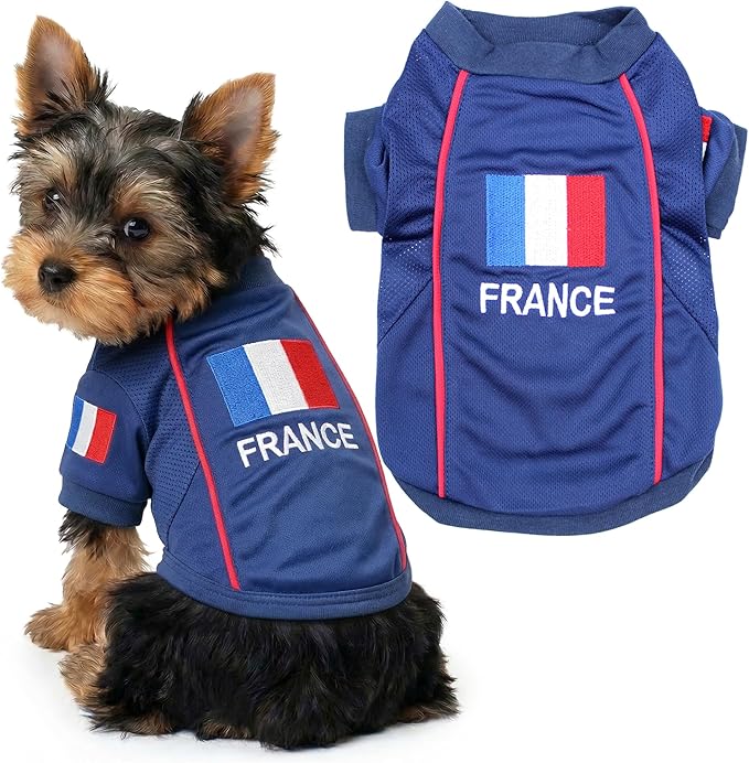 Parisian Pet Team France Dog Jersey - Breathable Mesh Puppy Football Jersey - Lightweight Stretch Sporty Dog Clothes - Summer Shirts for Small Dogs - Soccer Jersey for Dogs - Sportswear Pet Clothes
