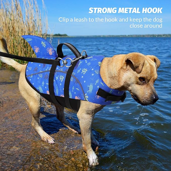 Queenmore Medium Dog Life Jacket, Dog Life Vest for Swimming with Shark Fin, Ripstop Dog Lifevests for Boating with Handle/Leash Hook, Pet Safety Water Vest for French Bulldogs Dachshunds (Prints,M)