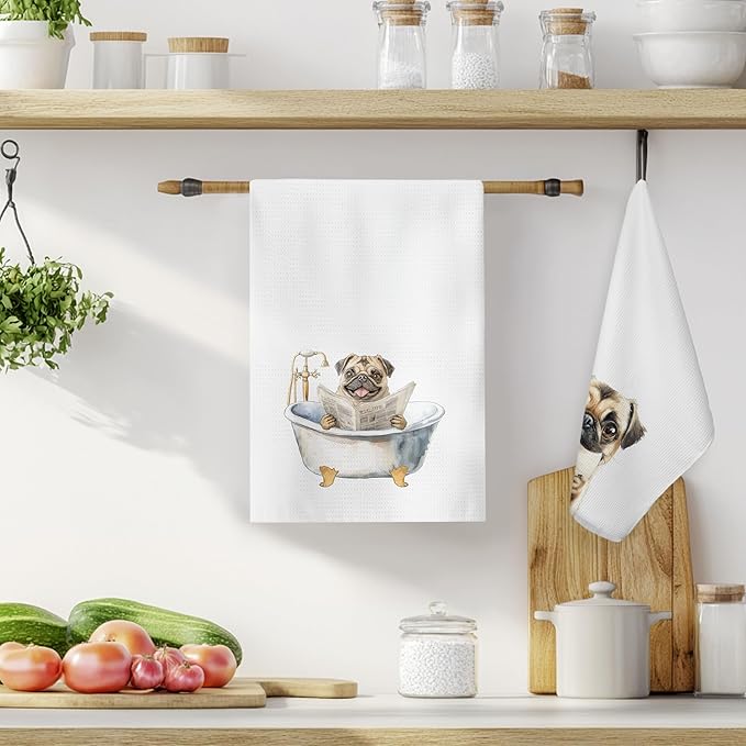 Funny Pug Dog Bathroom Hand Towels, Gifts for Pug Lovers, Funny Bathtub Dog Hand Towels for Bathroom Toilet Washroom Restroom Decor, 16x24 Inch Set of 2