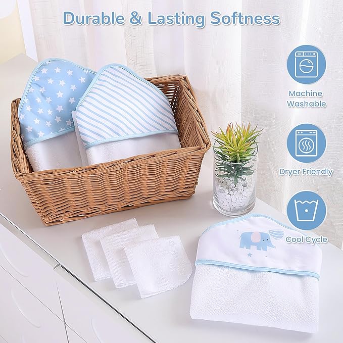 Viviland 6 Pcs Hooded Baby Towels and Washcloths Set, Super Gentle Bath Towels for Newborn Face & Body, Absorbent Wash Cloth for Infants Boys, Blue-Elephant Pattern, 28 x 28 inch