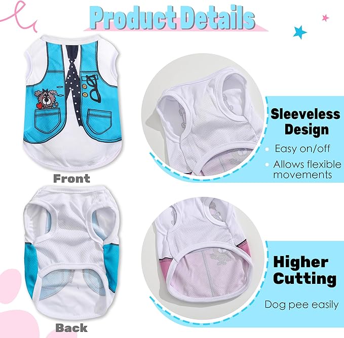 4 Pack Mesh Dog Shirts for Small Dogs: Stretchy Dog Clothes with Cute Patterns, Size XXS-XL Fit for 2-16lb Dogs Pet T-Shirts, Girl & Boy Puppy Clothes for Spring Summer (Blue Set, Small)