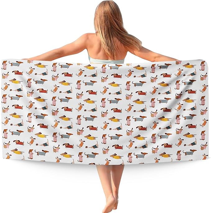 Cute Dog Dachshund Beach Towel Gifts for Women Dog Lovers Owner, Funny Dogs Wiener Microfiber Quick Dry Travel Sand Free Beach Towels Oversized Decor for Bathroom Swimming Pool 30x60 Inch