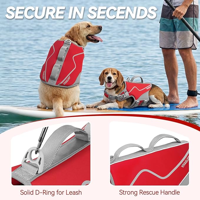 VIVAGLORY Neoprene Dog Life Vest, Dog Life Jacket for Swimming & Boating, Lightweight & Buoyancy for Puppy Doggy, Swimming Vest with Handle, L, Red