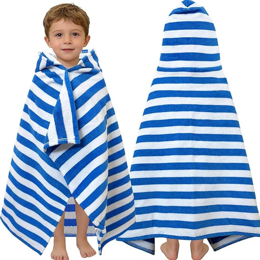 VOOVA & MOVAS Toddler Hooded Bath Towels 0-3T, 25''X40, Soft | Thick | 100% Cotton | Absorbent Towel Wrap for Baby, Perfect for Beach, Pool, Bath, Swimming,Blue Stripe