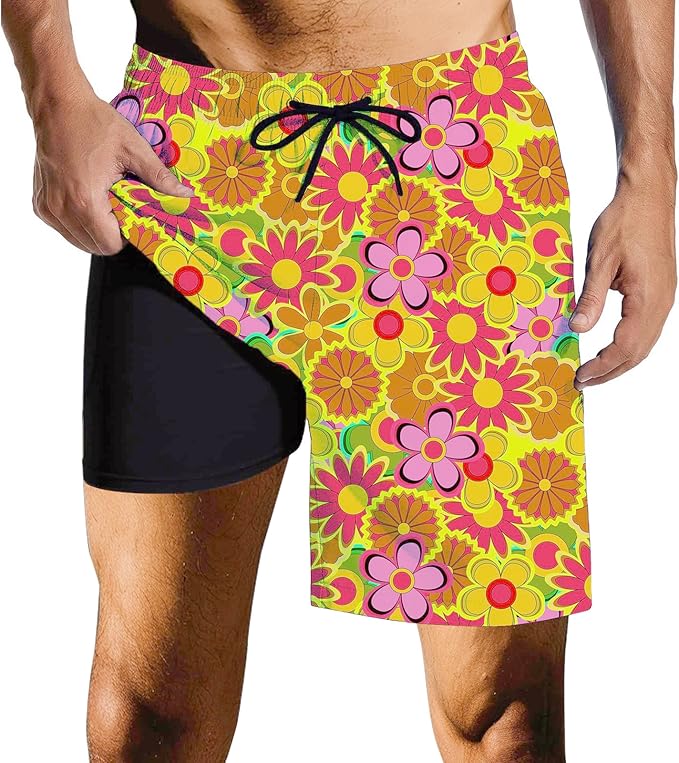 Mens Swim Trunks with Compression Liner Quick Dry Zipper Pocket Bathing