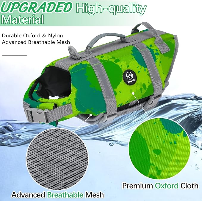EMUST Dog Life Jackets, Dog Life Vests for Swimming, Beach Boating with High Buoyancy, Dogs Flotation Vest for Small/Medium/Large Dogs, S, MultiGreen