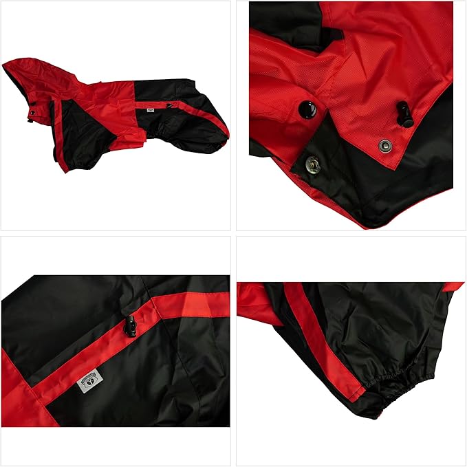 Lovelonglong Alaska Dog Hooded Raincoat, Golden Retriever Rain Jacket Poncho Waterproof Clothes with Hood Breathable 4 Feet Four Legs Rain Coats for Large Huge Dogs Red L-XL+