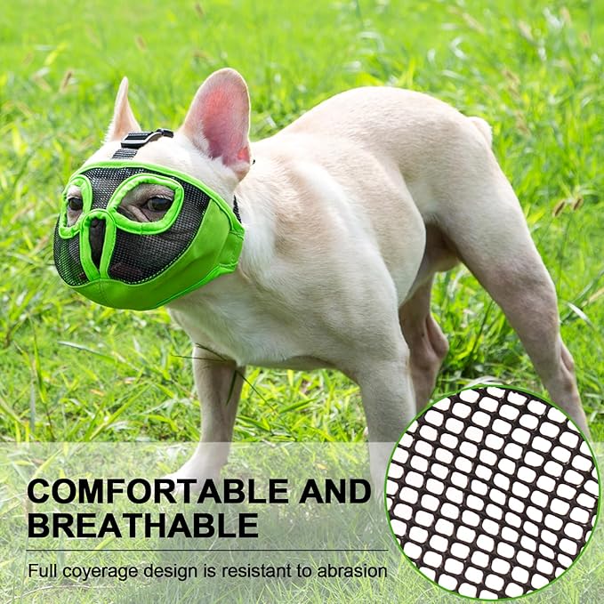 Short Snout Dog Muzzles- Adjustable Breathable Mesh Bulldog Muzzle for Biting Chewing Training Grooming Dog Mask,Green L
