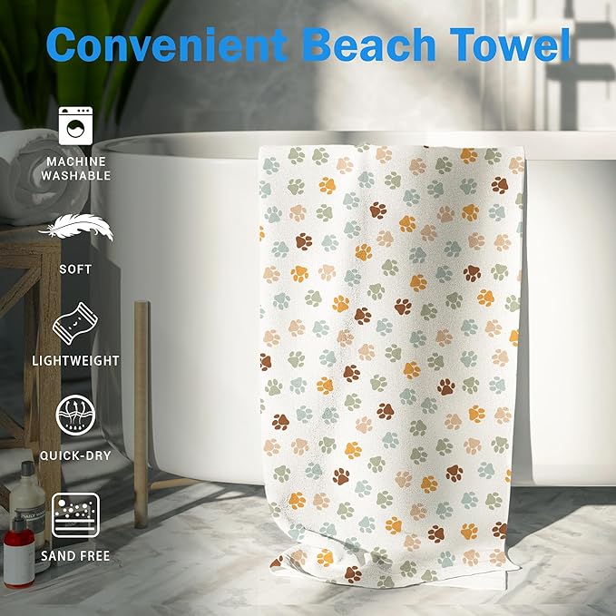 Boho Paws Dog Pet Beach Towel Gifts for Women Dog Lovers Owner, Funny Cute Quick Dry Travel Sand Free Beach Towels Oversized Decor for Bathroom Swimming Pool 30x60in