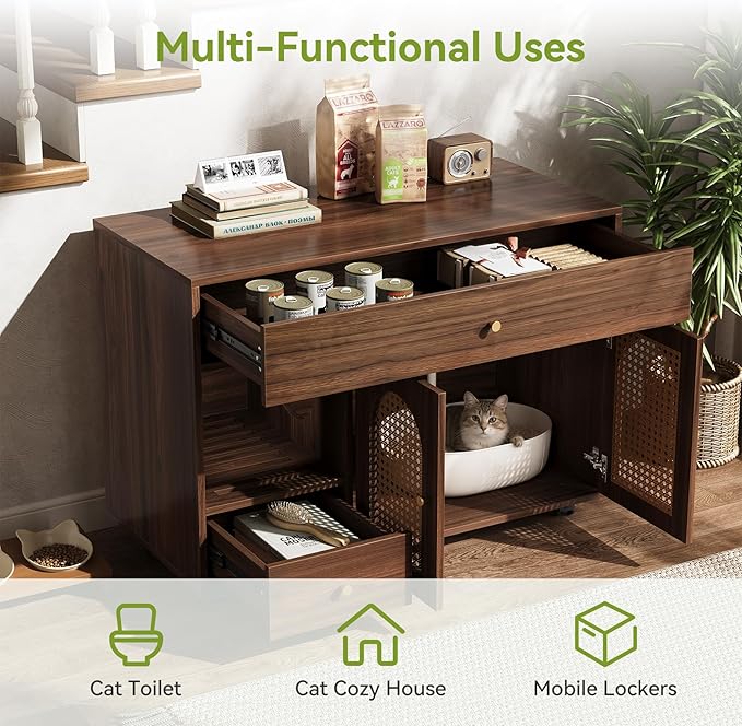 LITTLE TREE Wooden Cat Litter Box Enclosure with Wicker Doors, Hidden Litter Box Cabinet Furniture, Multi-Functional Storage Cabinet for Home Decor, Indoor Cats House for Privacy & Odor Control