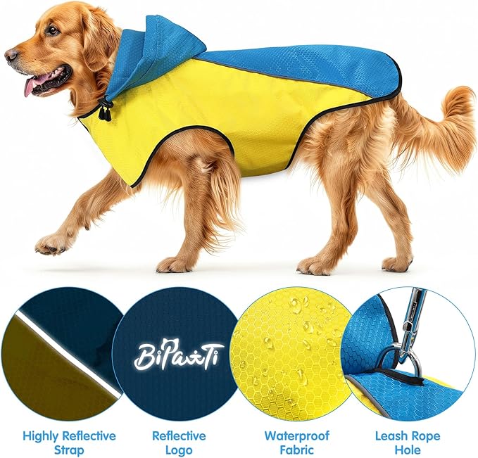 Dog Raincoats Waterproof, Puppy Raincoat for Small Dogs, Reflective Dog Rain Poncho, Safety Pet Rain Jacket, Doggy Raincoat Pet Rain Coats with Hood/Leash Hole/Reflective Strip - Yellow + Blue, S