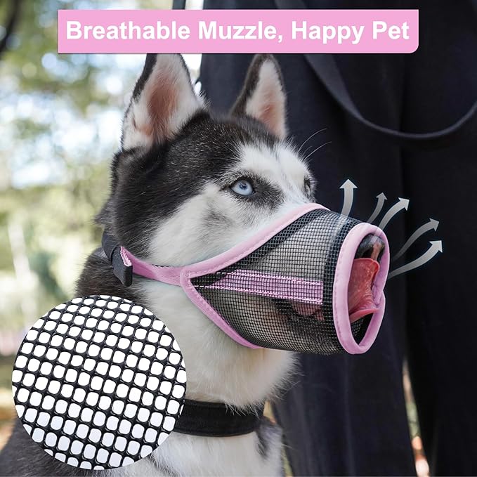 LUCKYPAW Dog Muzzle, Mesh Muzzle for Large Medium Dogs, Soft Mouth Cover to Prevent Biting Chewing, Drinkable Breathable Adjustable Puppy Mouth Guard(Pink, L)