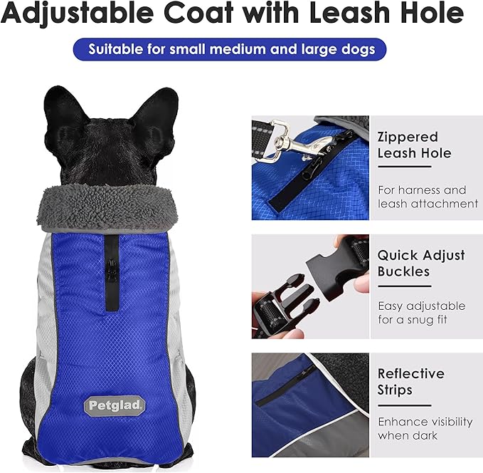 Dog Coat, Waterproof Ripstop Dog Winter Jacket with Leash Hole, Reflective Adjustable Warm Pet Fleece Snow Sweater for Small Medium Large Dogs - Blue, M