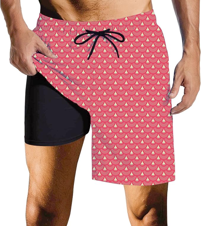 Mens Swim Trunks with Compression Liner Quick Dry Zipper Pocket Bathing
