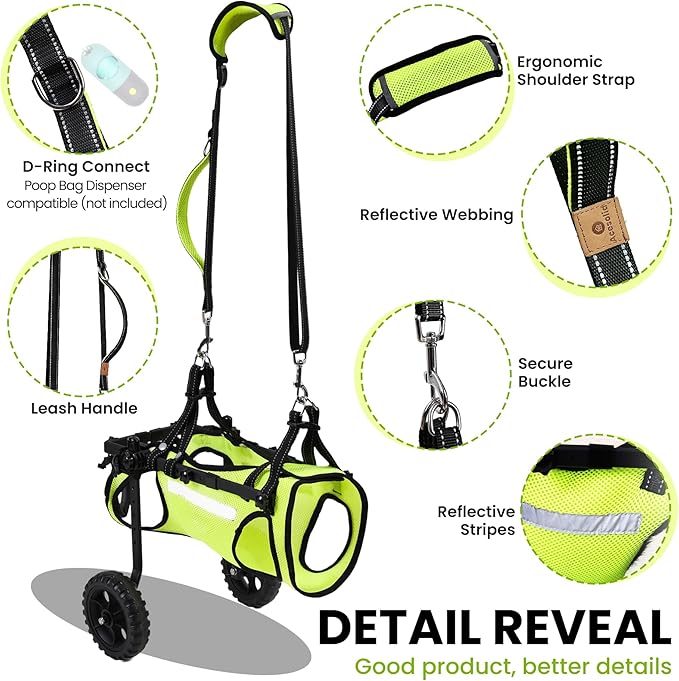 Adjustable Dog Wheelchair for Back Legs, for All Breed Dog - Includes High-Visibility Vest, Leash & Sling Lift, Lightweight Pet Wheelchair for Disabled Hind Legs (Medium, for Small Breed Dog)