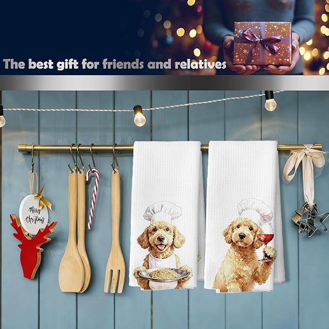 Funny Chef Wine Goldendoodle Kitchen Dish Towels, Golden Doodle Gifts Women, Goldendoodle Gifts Decorative Hand Tea Towels for Kitchen, 16x24 Inches Set of 2