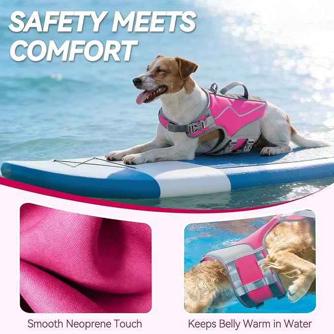 VIVAGLORY Neoprene Dog Life Vest, Dog Life Jacket for Swimming & Boating, Lightweight & Buoyancy for Puppy Doggy, Swimming Vest with Handle, XS, Pink
