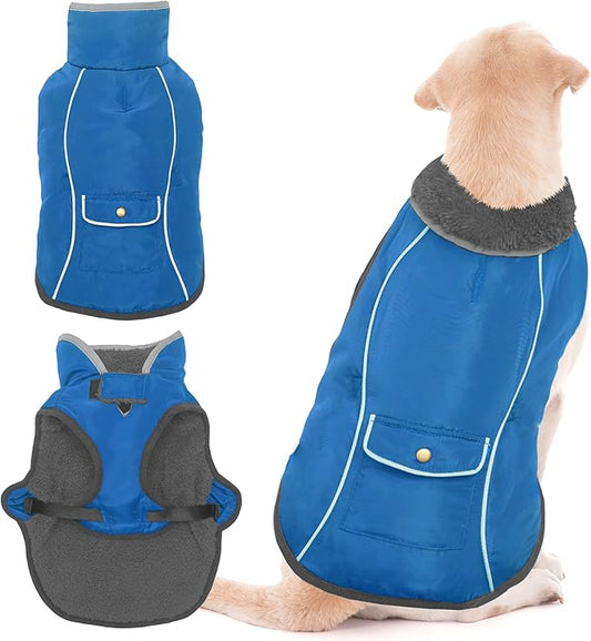 Dog Winter Coat - Warm Dog Clothes for Rain Snow Wind Cold Weather - Reflective Blue Adjustable Windproof Pet Vest Jacket with Leash Hole for Small Medium Large Dogs Indoor Outdoor
