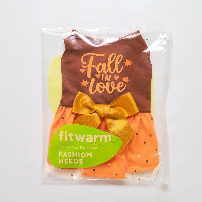 Fitwarm Thanksgiving Fall in Love Dog Dress, Sparkly Dog Clothes for Small Dogs Girl, Holiday Pet Tutu Dress, Cat Outfit, Brown, Orange, Small