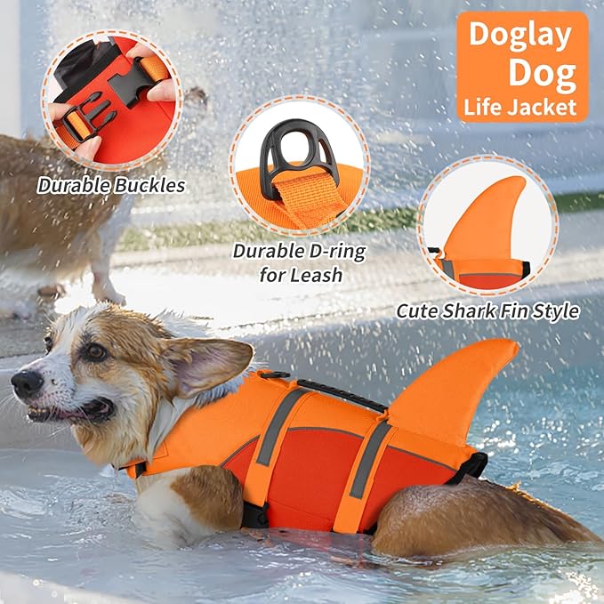 Doglay Shark Dog Life Jacket - Adjustable Vest with Superior Buoyancy and Rescue Handle for Swimming & Boating, Ripstop Material, available in Small, Medium & Large for Dogs of various sizes