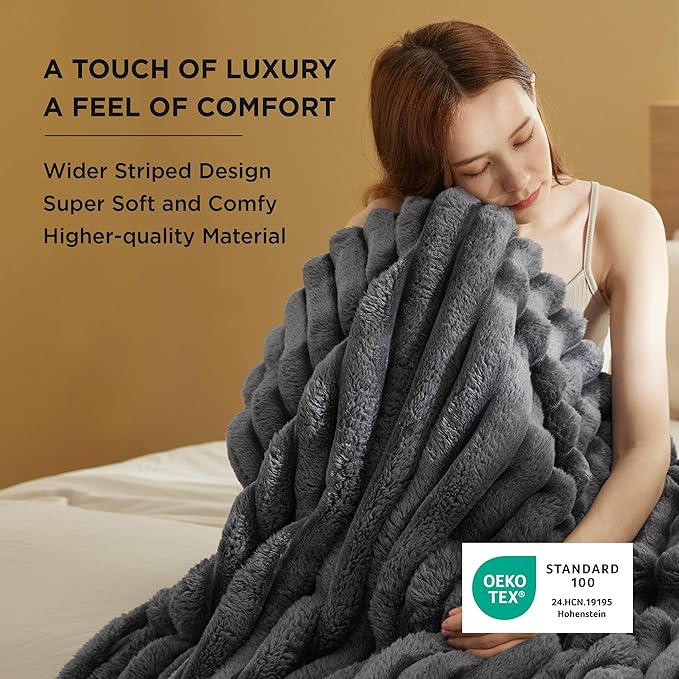 Bedsure Twin Blanket for Couch - 350GSM Super GentleSoft Fuzzy Fluffy Cozy Blankets for Women, Cute Small Plush Fleece Throws for Girls, Grey，60x80 Inches, Wider Striped Design