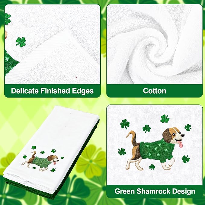 Whaline St. Patrick's Day Hand Towels Embroidered Cotton Bathroom Towel Dog Shamrock Clover Absorbent Bath Towel for Kitchen Dish Drying Cleaning Cooking, 29.5 x 13.7 Inch, 2Pcs